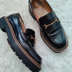 Sam Edelman Laurs Horsebit Platform Loafers Black Leather Lug Sole 10M Preppy